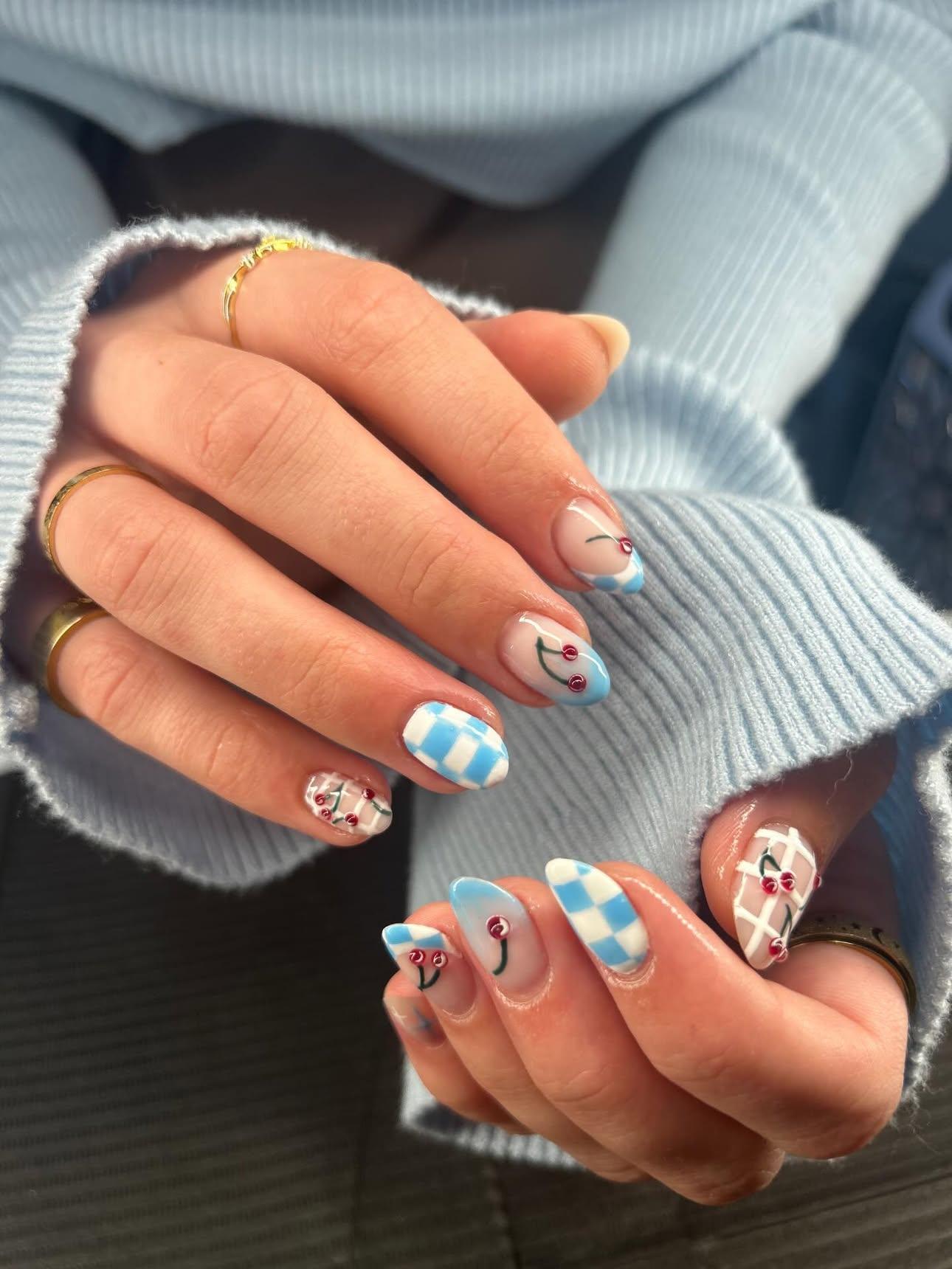 Sky blue and white cherry picnic nails with 3D gems
